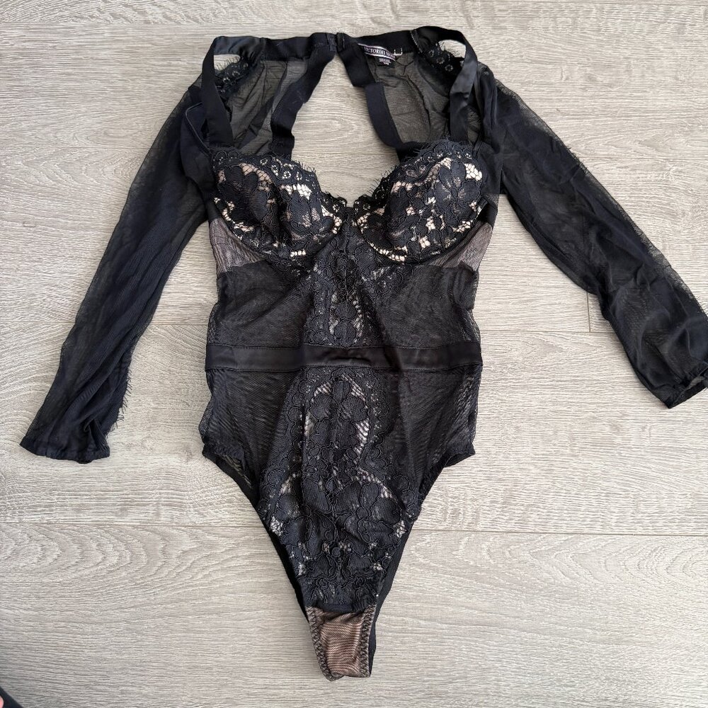 Victoria’s Secret Black Lace Mesh Long Sleeve Teddy Bodysuit 34B